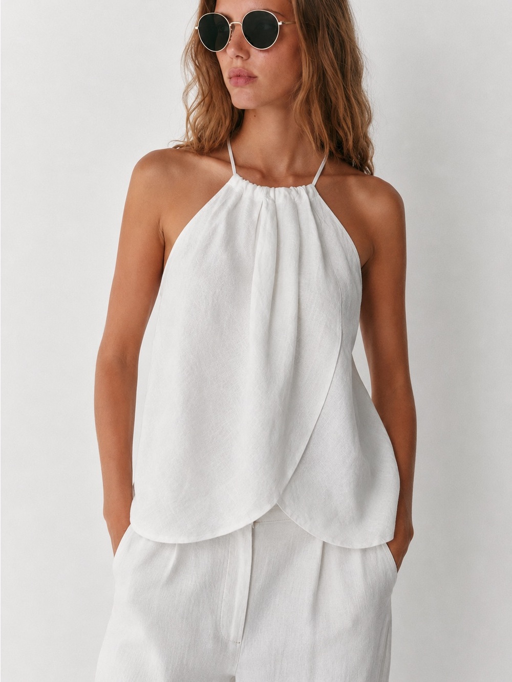 NWT ZARA White 100% Linen Halter Neck Draped Top Size L